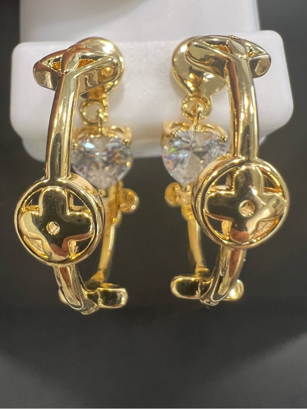 14K over Sterling Silver Floral Hoop Earrings with Heart Crystal Drop (NWOT)